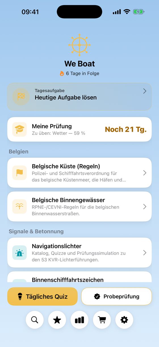 We Boat Startbildschirm mit den 20 Themen, Tagesquiz und Prüfungssimulation