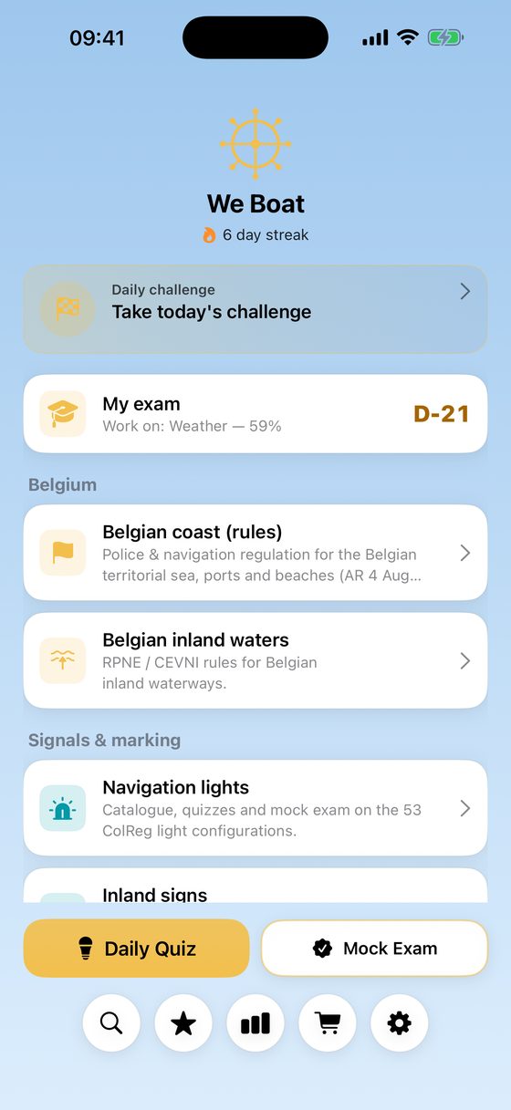 We Boat home screen with the 20 subjects, daily quiz and mock exam