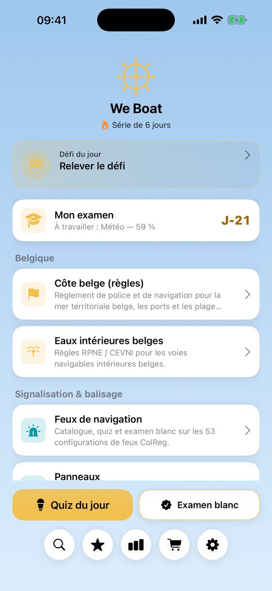 Écran d'accueil We Boat avec les 20 matières, le quiz du jour et l'examen blanc