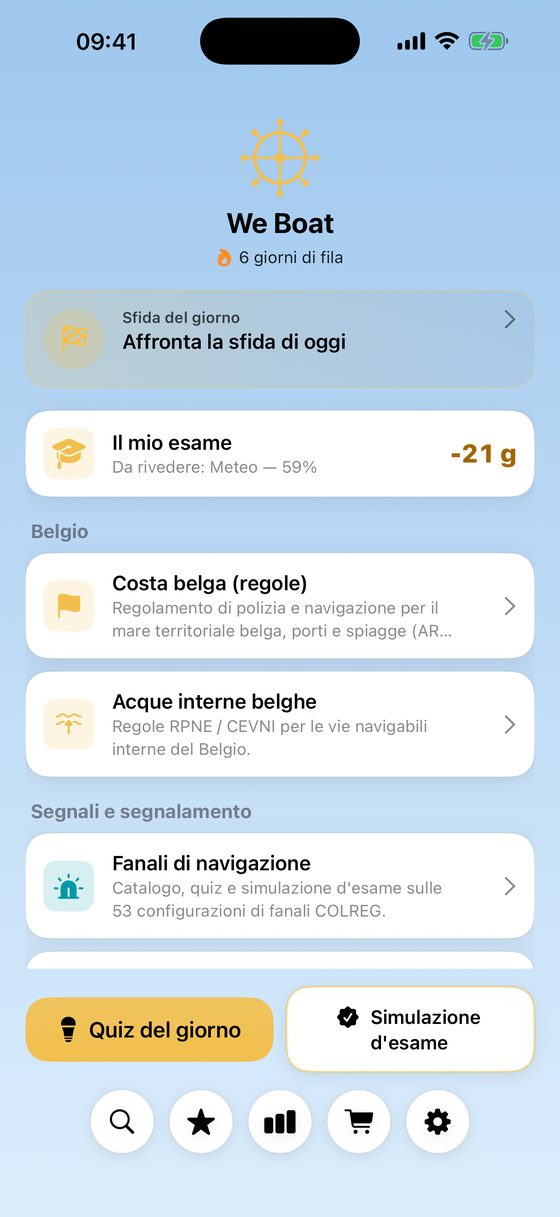 Schermata iniziale di We Boat con le 20 materie, il quiz del giorno e l'esame simulato