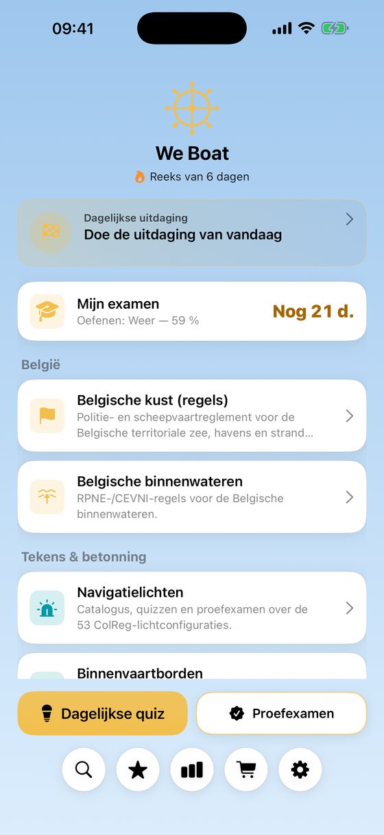 We Boat-startscherm met de 20 onderwerpen, dagelijkse quiz en proefexamen