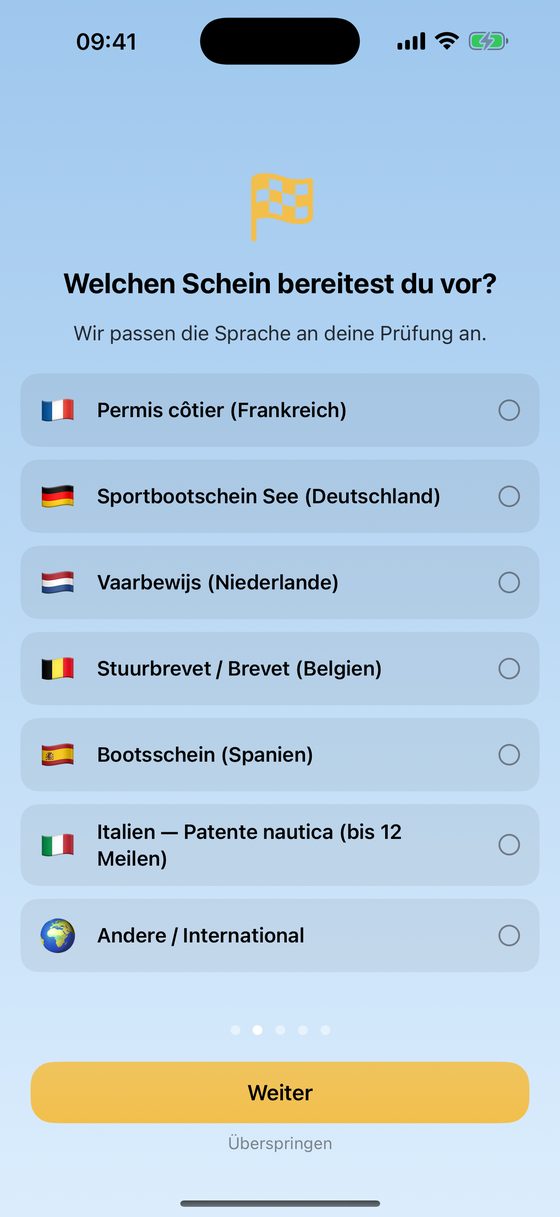 Auswahlbildschirm für den Führerschein — wähle deine Prüfung