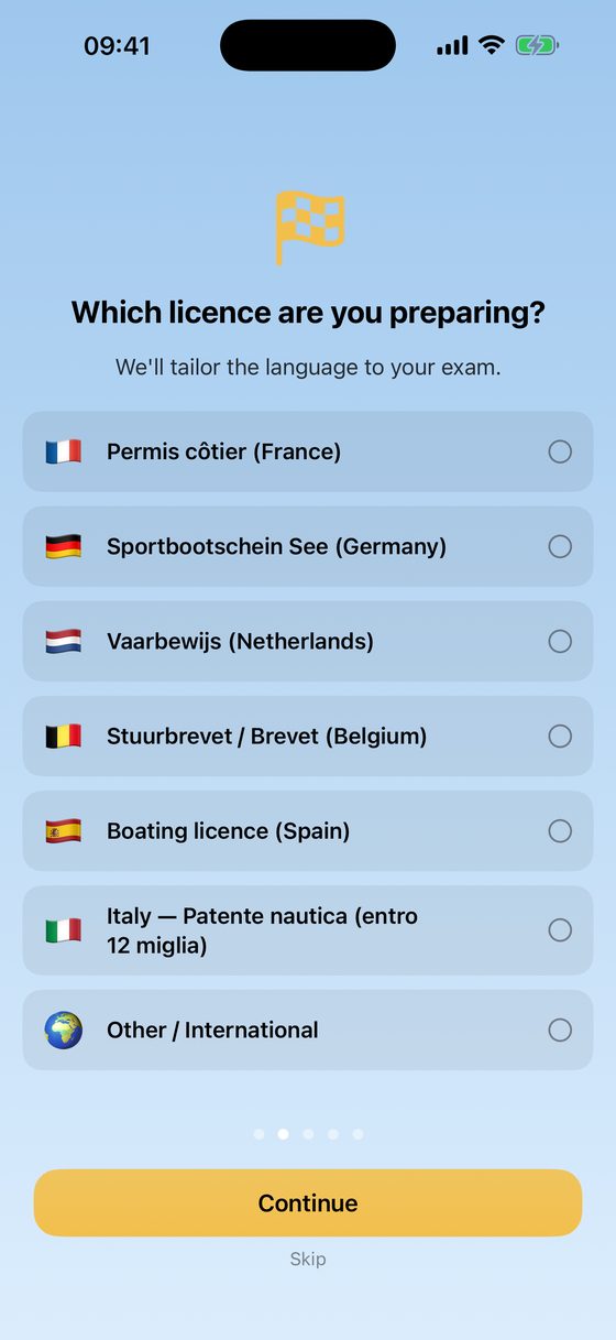 Licence selection screen — choose the exam you are preparing for
