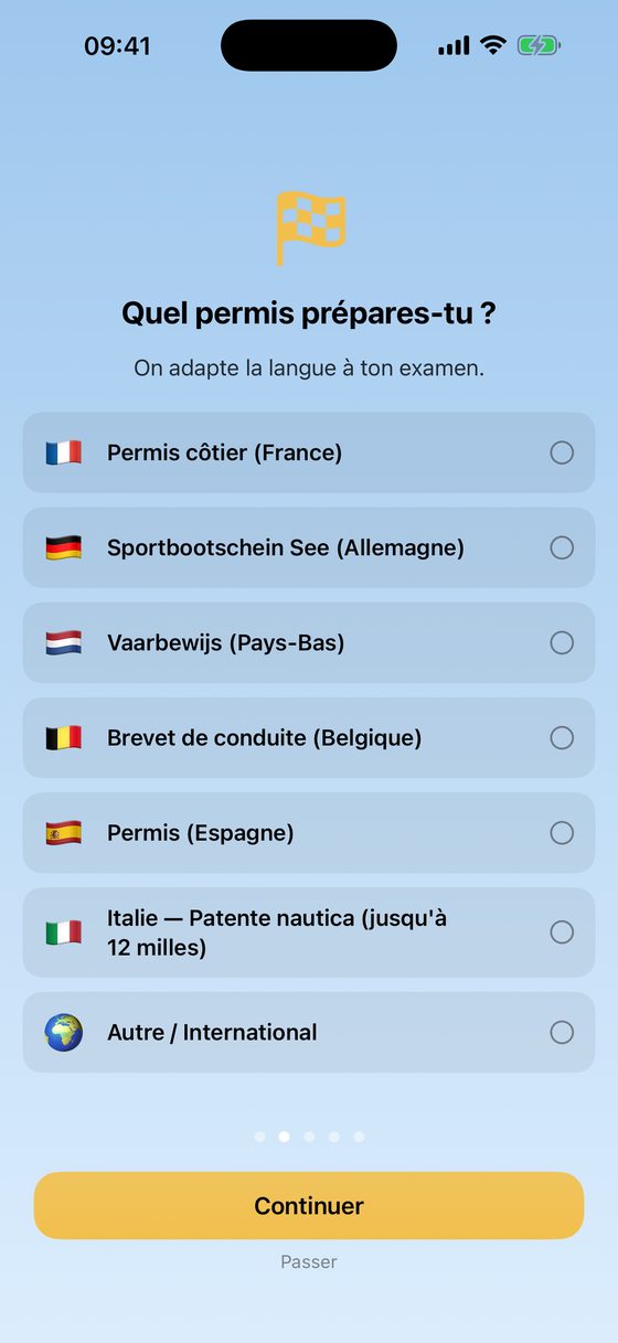 Écran de choix du permis — sélectionne l'examen que tu prépares