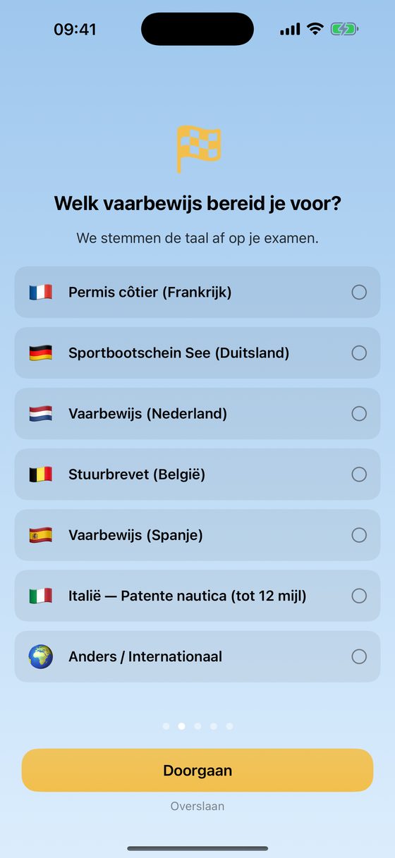 Scherm om je vaarbewijs te kiezen — selecteer je examen
