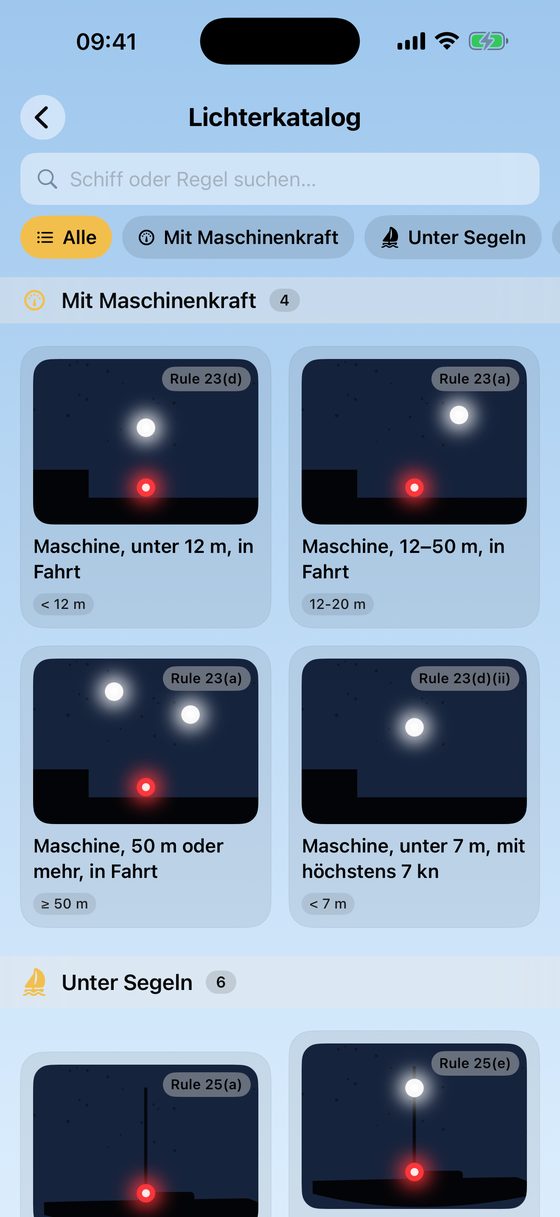 Lichterkatalog mit COLREG-Lichterkonfigurationen