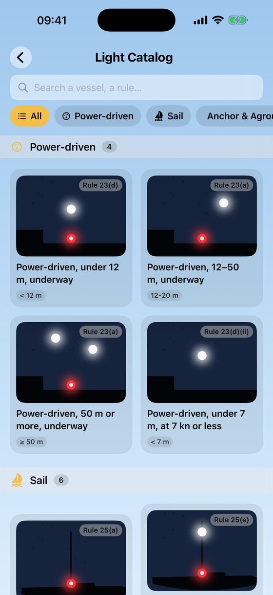 Light catalog showing COLREG vessel light configurations