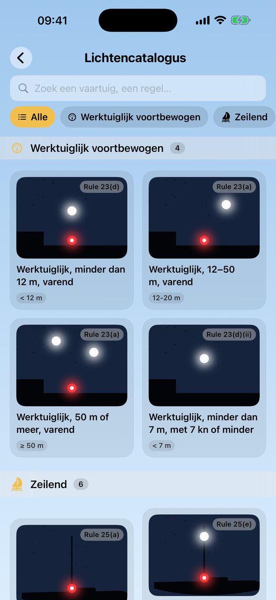Lichtencatalogus met COLREG-lichtconfiguraties