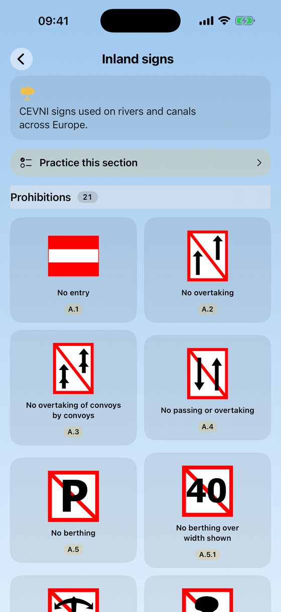 Official CEVNI inland-waterway signs