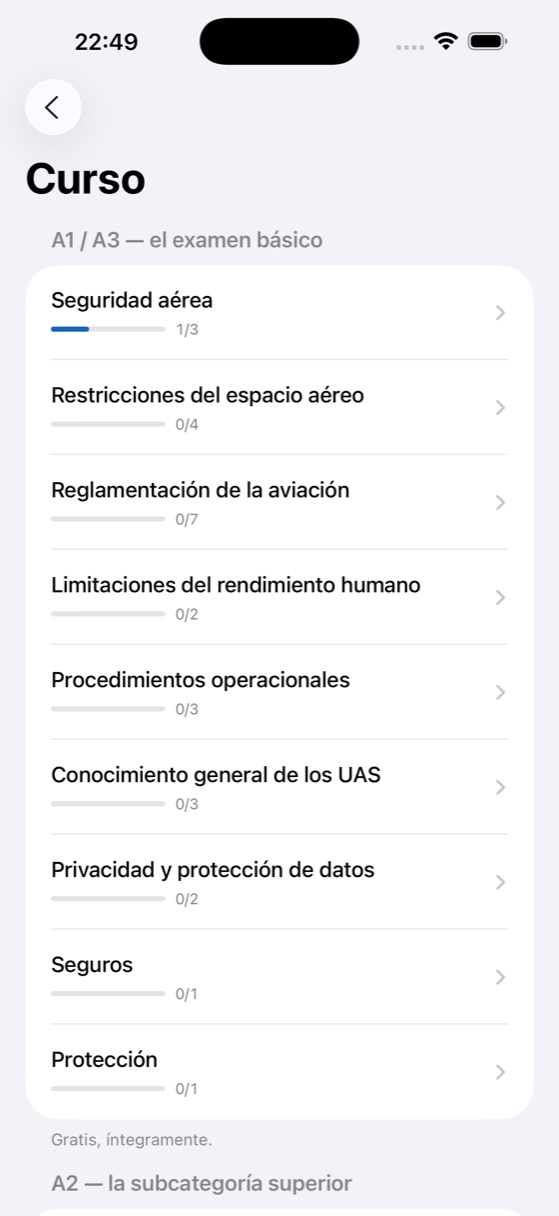 Lista de las materias del curso en We Drone
