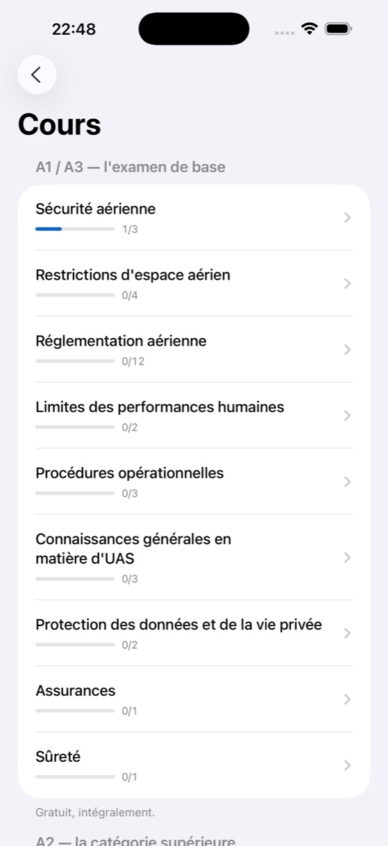 Liste des matières du cours dans We Drone