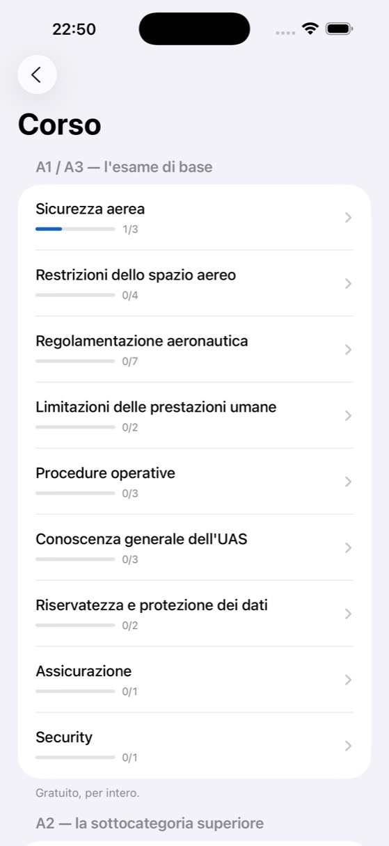 Elenco delle materie del corso in We Drone