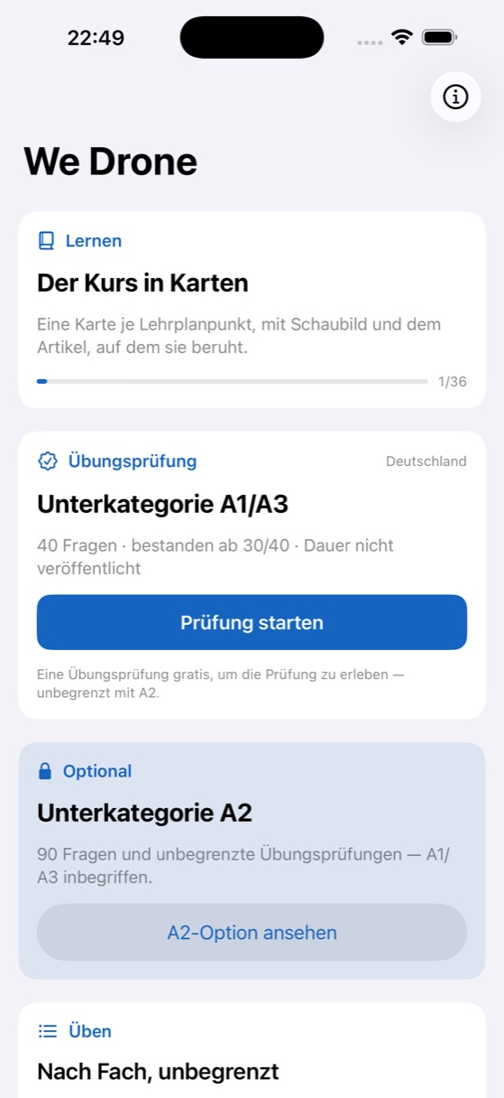 Startbildschirm von We Drone mit Kurs, Übungsprüfung und Üben