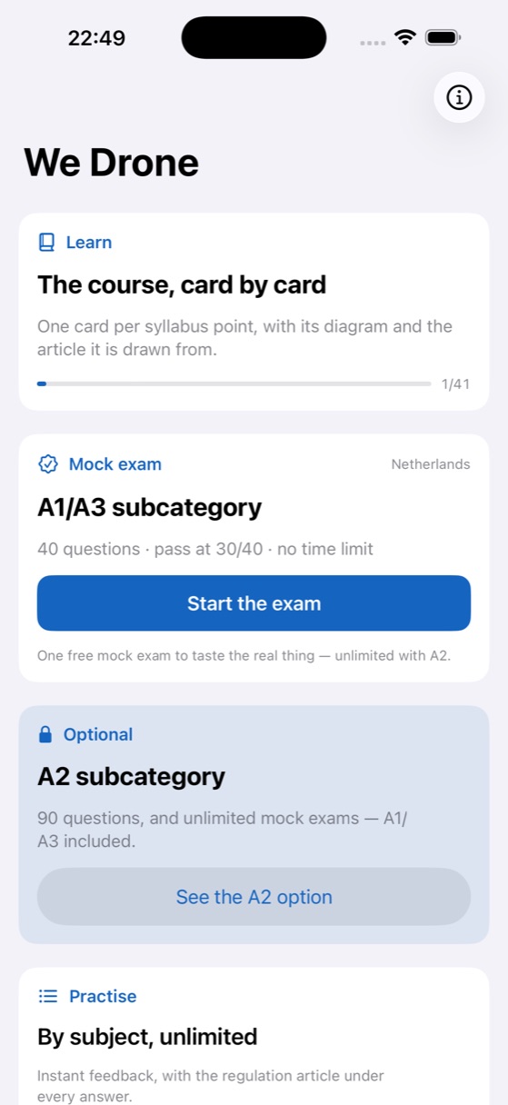 We Drone home screen with the course, the mock exam and practice