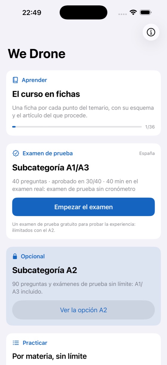 Pantalla de inicio de We Drone con el curso, el simulacro y la práctica