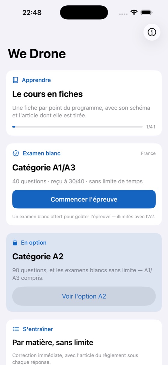 Écran d'accueil de We Drone avec le cours, l'examen blanc et l'entraînement
