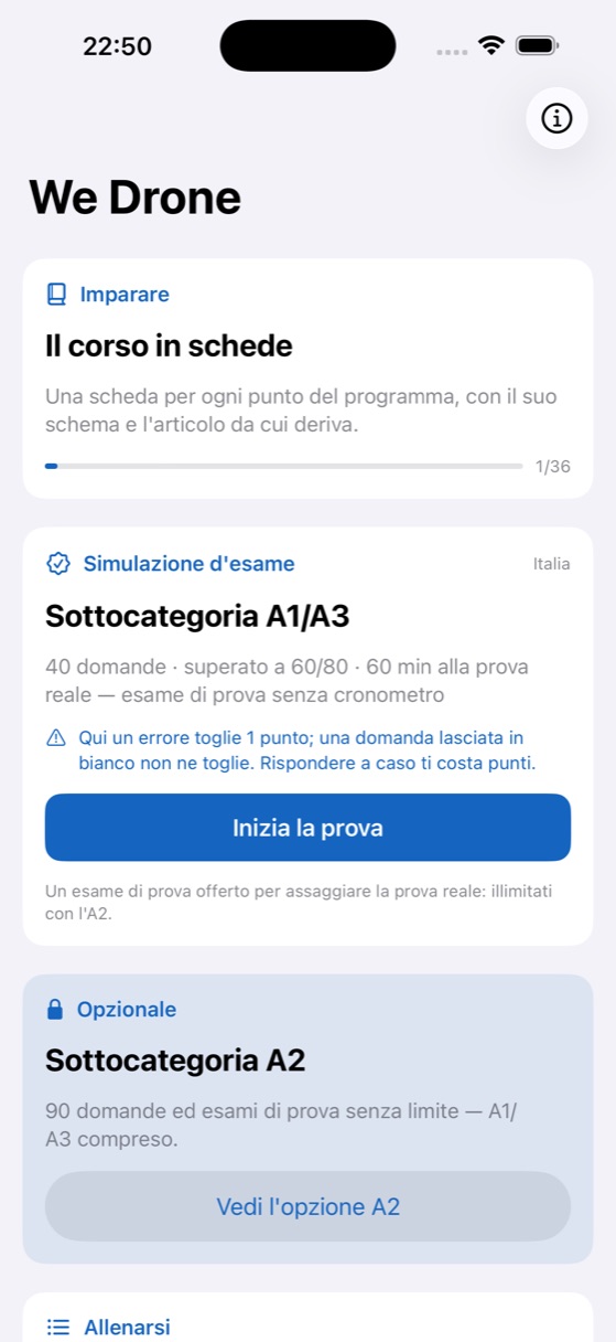 Schermata iniziale di We Drone con corso, simulazione ed esercitazione