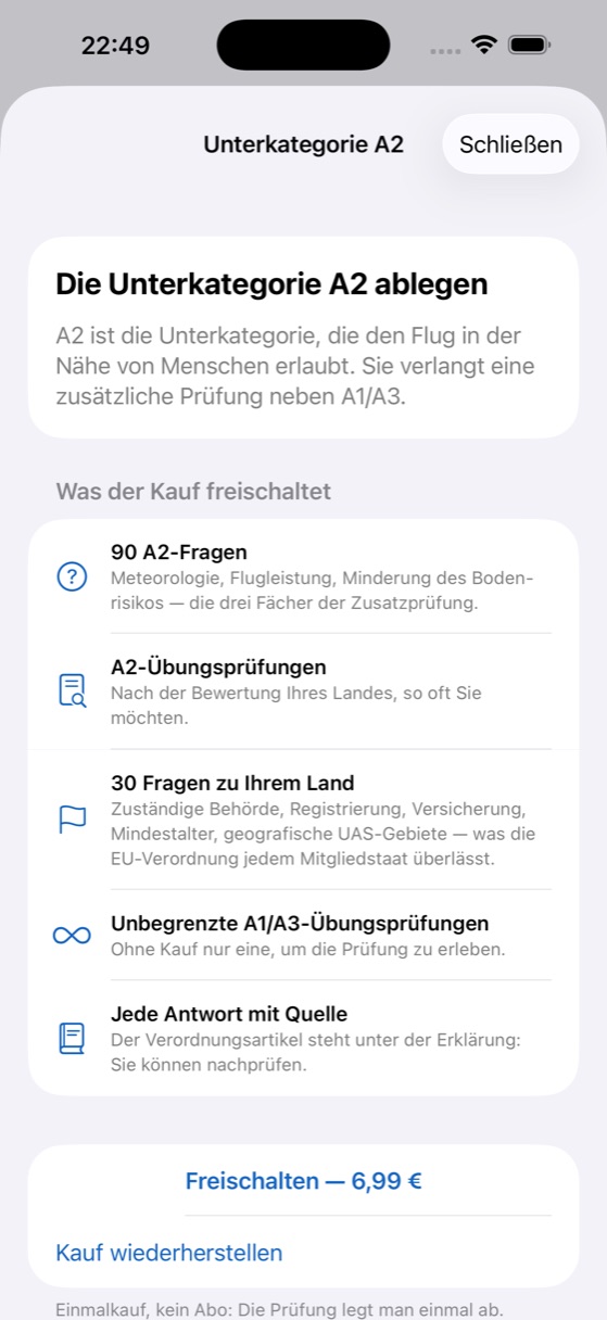 Bildschirm der A2-Option und was der Kauf freischaltet