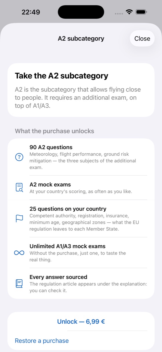 The A2 option screen and what the purchase unlocks