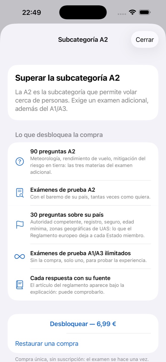 Pantalla de la opción A2 y de lo que desbloquea la compra