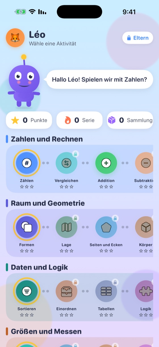 We-Math-Startbildschirm mit den vier Mathebereichen und ihren Pfaden