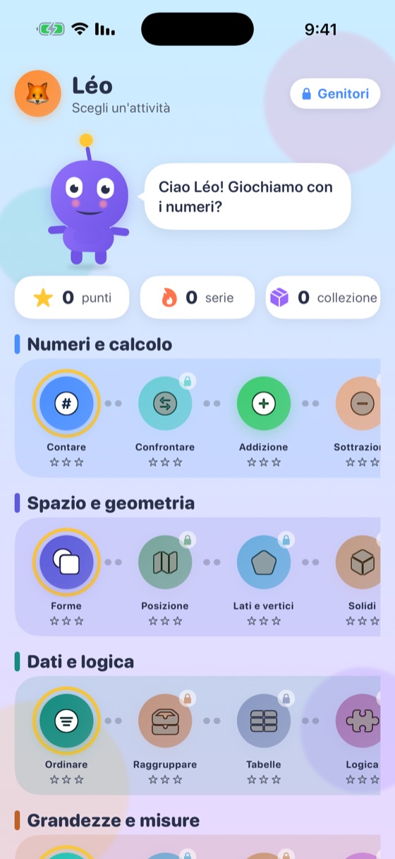 Schermata iniziale di We Math con le quattro aree di matematica e i loro percorsi