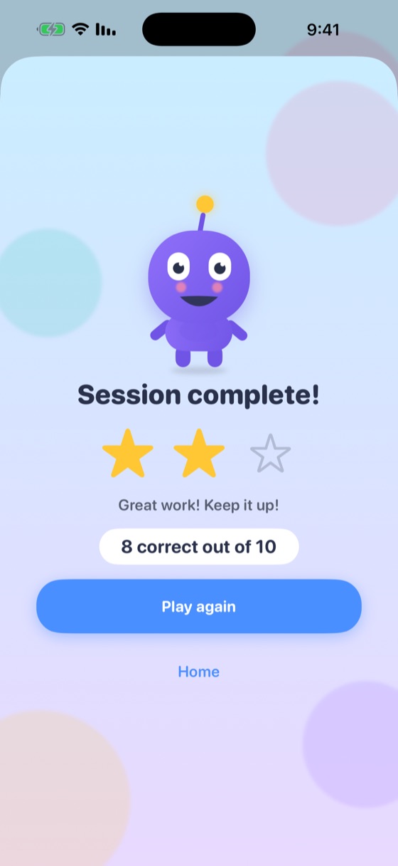End-of-session summary with stars and the number of correct answers