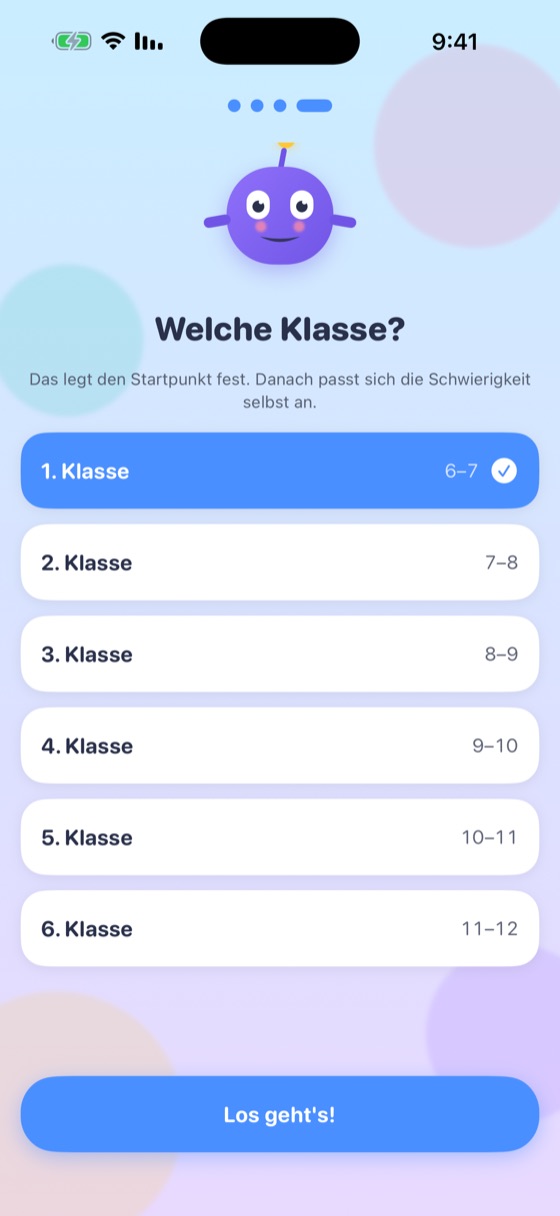 Auswahl der Klassenstufe, von der ersten bis zur sechsten Klasse