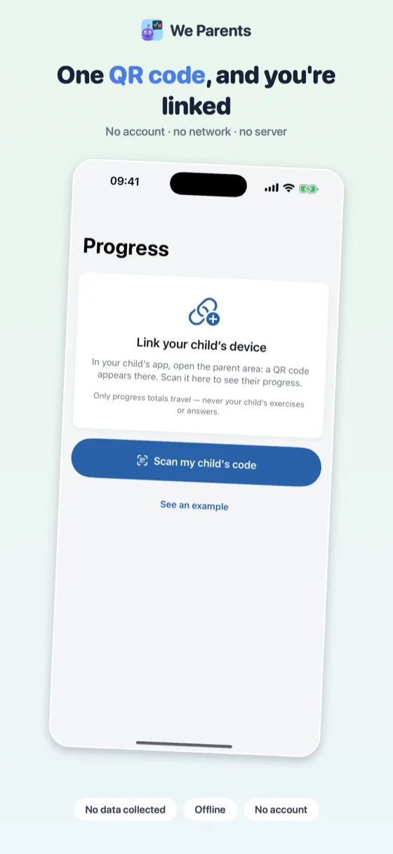We Parents start screen: “Scan my child's code” or “See an example”