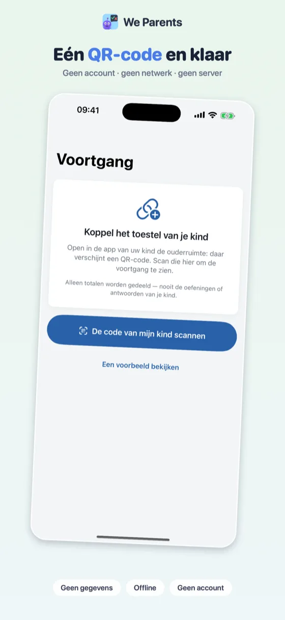 We Parents-startscherm: « De code van mijn kind scannen » of « Een voorbeeld bekijken »