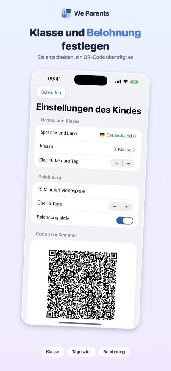 We-Parents-Einstellungsbildschirm: Klasse, Tagesziel und Belohnung, mit dem Code für das Kind