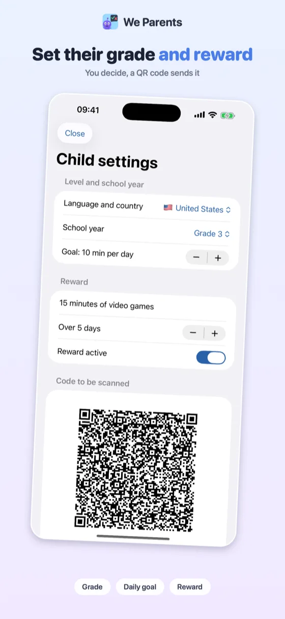 We Parents settings screen: grade, daily goal and reward, with the code to send to the child