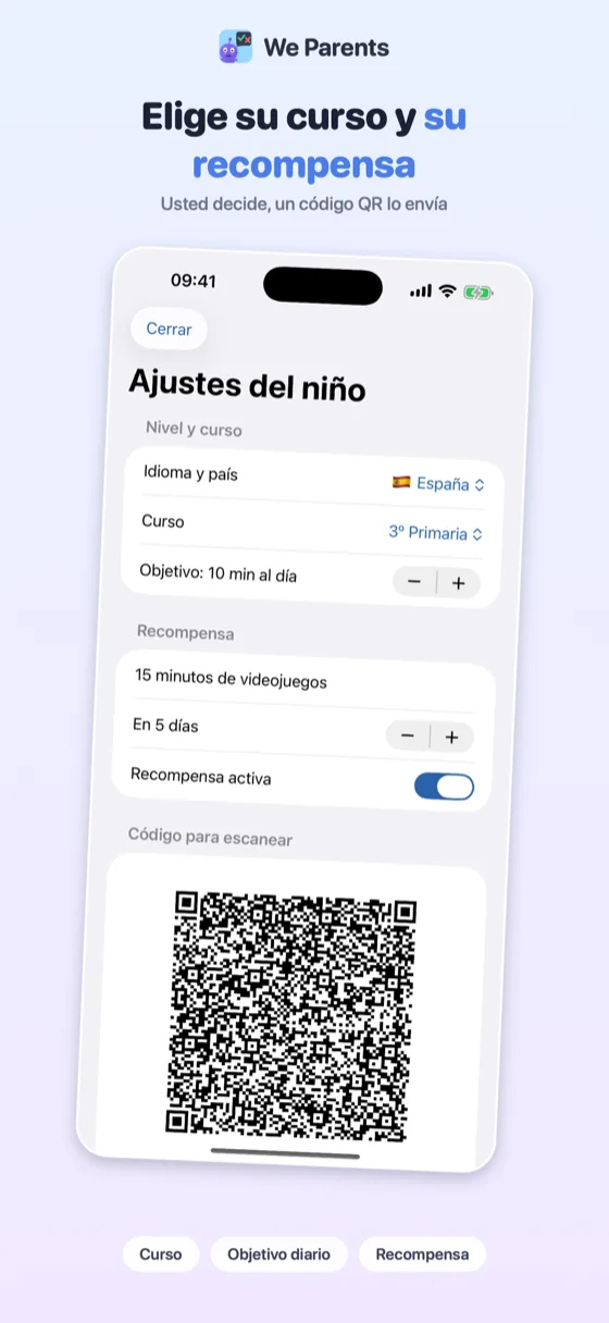 Pantalla de ajustes de We Parents: curso, objetivo del día y recompensa, con el código para que lo escanee el hijo