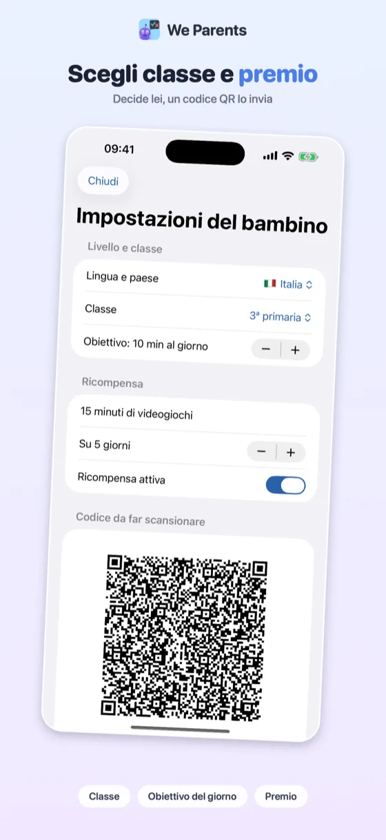 Schermata impostazioni di We Parents: classe, obiettivo del giorno e premio, con il codice da far scansionare al bambino