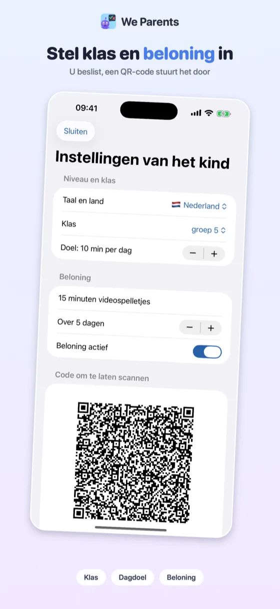 We Parents-instellingenscherm: groep, dagdoel en beloning, met de code die het kind moet scannen